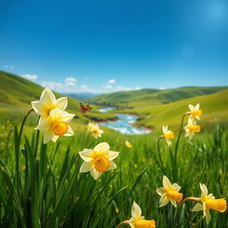 A beautiful landscape featuring blooming narcissus flowers, with lush green fields under a clear blue sky