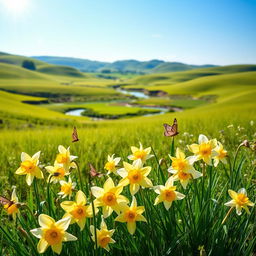 A beautiful landscape featuring blooming narcissus flowers, with lush green fields under a clear blue sky