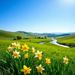 A beautiful landscape featuring blooming narcissus flowers, with lush green fields under a clear blue sky