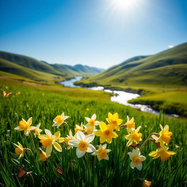 A beautiful landscape featuring blooming narcissus flowers, with lush green fields under a clear blue sky