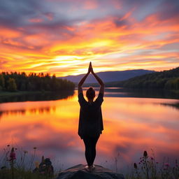 A serene landscape during sunrise, showcasing a vibrant sky painted in hues of orange, pink, and purple