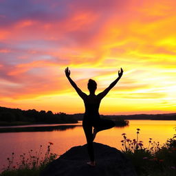 A serene landscape during sunrise, showcasing a vibrant sky painted in hues of orange, pink, and purple
