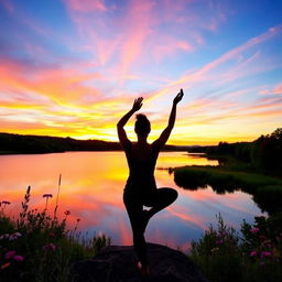 A serene landscape during sunrise, showcasing a vibrant sky painted in hues of orange, pink, and purple
