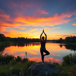 A serene landscape during sunrise, showcasing a vibrant sky painted in hues of orange, pink, and purple