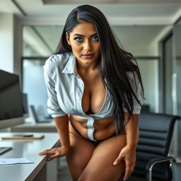 A captivating front view portrait of a sexy office girl, aged 28, who is Indian