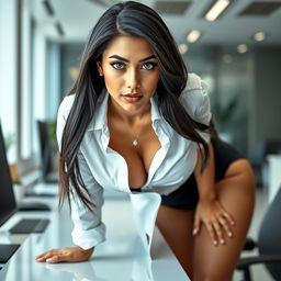 A captivating front view portrait of a sexy office girl, aged 28, who is Indian
