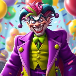 A stylized character resembling a jester or joker, wearing a vibrant purple coat with flowing tails and a bright green vest underneath