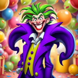 A stylized character resembling a jester or joker, wearing a vibrant purple coat with flowing tails and a bright green vest underneath