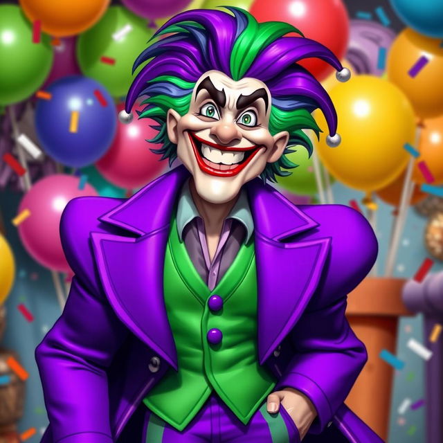 A stylized character resembling a jester or joker, wearing a vibrant purple coat with flowing tails and a bright green vest underneath