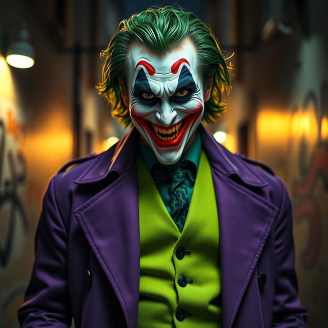 A realistic portrayal of a joker-like character dressed in a purple trench coat and a vivid green vest underneath