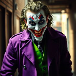 A realistic portrayal of a joker-like character dressed in a purple trench coat and a vivid green vest underneath
