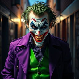 A realistic portrayal of a joker-like character dressed in a purple trench coat and a vivid green vest underneath