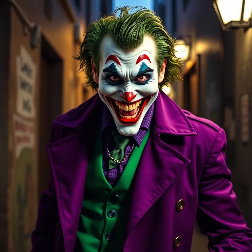 A realistic portrayal of a joker-like character dressed in a purple trench coat and a vivid green vest underneath