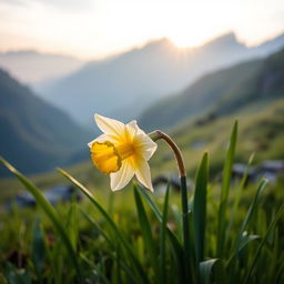 A beautiful daffodil blooming at dawn, situated in a serene mountainous landscape