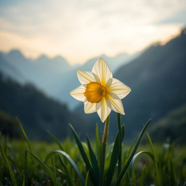 A beautiful daffodil blooming at dawn, situated in a serene mountainous landscape