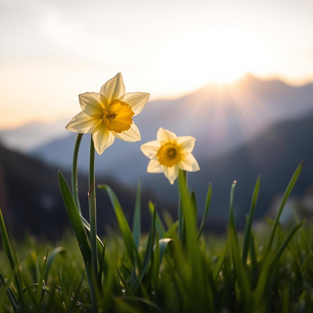 A beautiful daffodil blooming at dawn, situated in a serene mountainous landscape