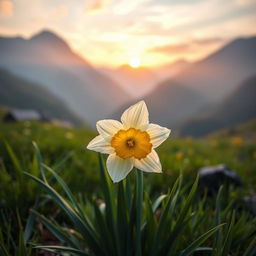 A beautiful daffodil blooming at dawn, situated in a serene mountainous landscape