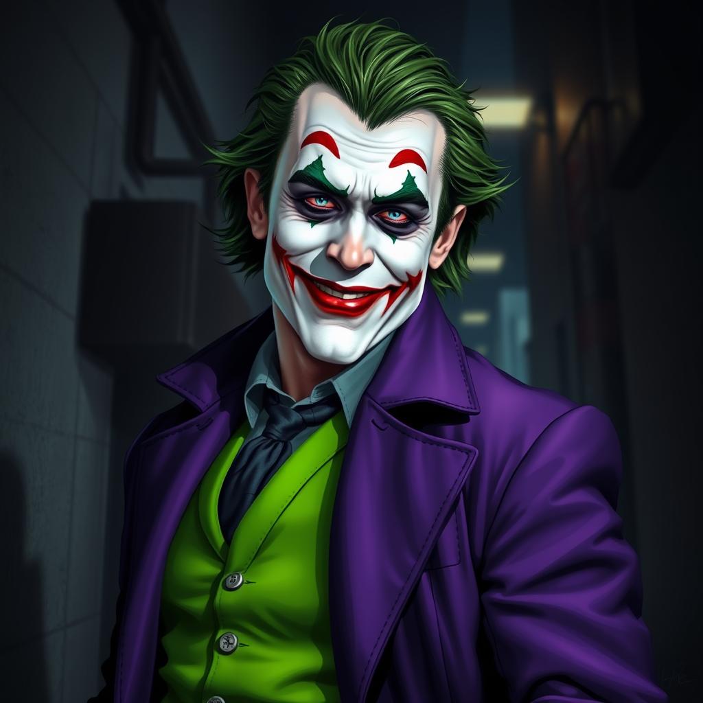 A realistic depiction of a joker-like character dressed in a purple coat and a bright green vest beneath it