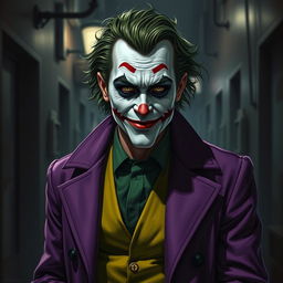 A realistic depiction of a joker-like character dressed in a purple coat and a bright green vest beneath it