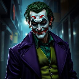 A realistic depiction of a joker-like character dressed in a purple coat and a bright green vest beneath it