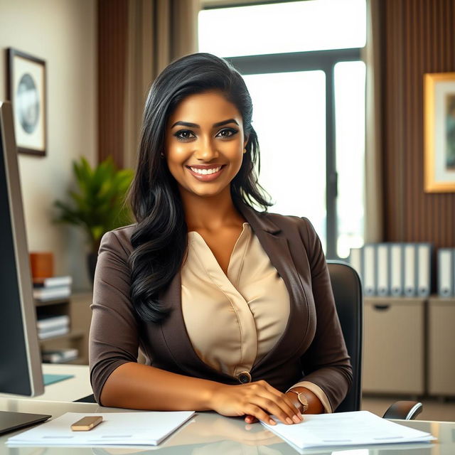 A beautiful Indian woman with large breasts, dressed in professional office attire, sitting confidently at her desk