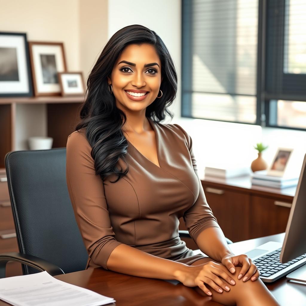 A beautiful Indian woman with large breasts, dressed in professional office attire, sitting confidently at her desk