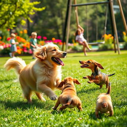 Two dogs, a golden retriever and a dachshund, playfully interacting in a sunny park
