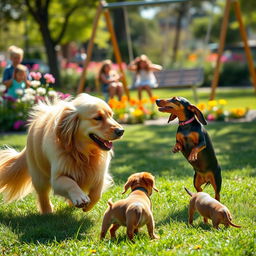 Two dogs, a golden retriever and a dachshund, playfully interacting in a sunny park