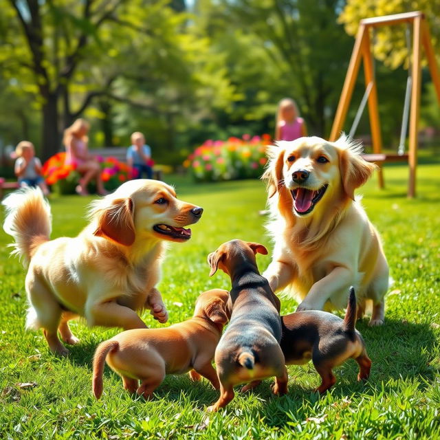 Two dogs, a golden retriever and a dachshund, playfully interacting in a sunny park