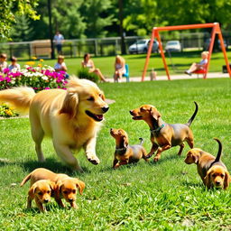 Two dogs, a golden retriever and a dachshund, playfully interacting in a sunny park