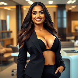 A confident Indian office woman with big breasts, wearing a stylish business outfit that accentuates her deep cleavage, her curves highlighted as if they are almost popping out of her attire