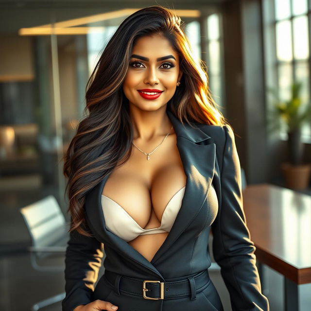 A confident Indian office woman with big breasts, wearing a stylish business outfit that accentuates her deep cleavage, her curves highlighted as if they are almost popping out of her attire