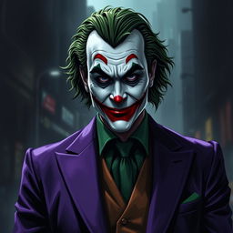 A portrait of the Joker, inspired by 'The Dark Knight', wearing a striking purple suit and a green vest, featuring a subtle smile instead of a wide grin
