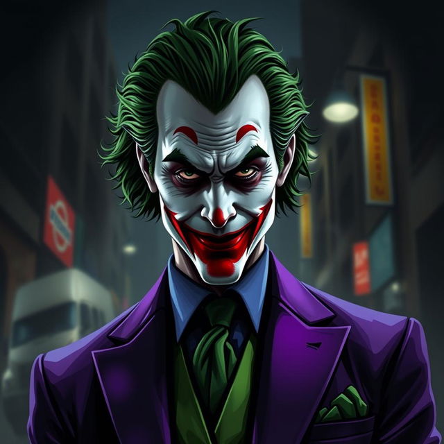 A portrait of the Joker, inspired by 'The Dark Knight', wearing a striking purple suit and a green vest, featuring a subtle smile instead of a wide grin