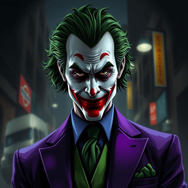 A portrait of the Joker, inspired by 'The Dark Knight', wearing a striking purple suit and a green vest, featuring a subtle smile instead of a wide grin