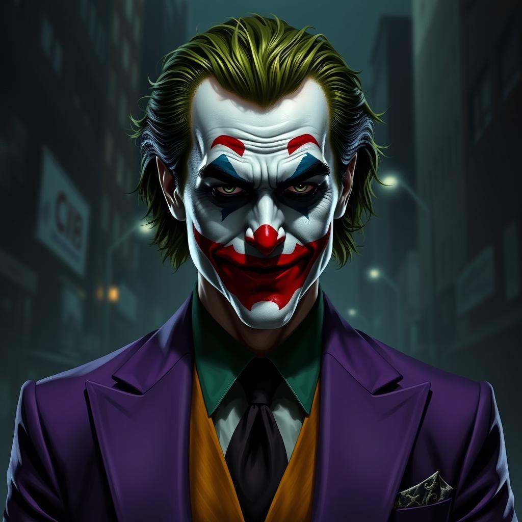 A portrait of the Joker, inspired by 'The Dark Knight', wearing a striking purple suit and a green vest, featuring a subtle smile instead of a wide grin
