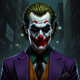 A portrait of the Joker, inspired by 'The Dark Knight', wearing a striking purple suit and a green vest, featuring a subtle smile instead of a wide grin