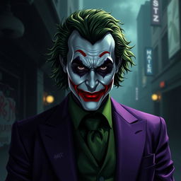 A portrait of the Joker, inspired by 'The Dark Knight', wearing a striking purple suit and a green vest, featuring a subtle smile instead of a wide grin