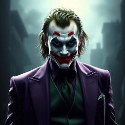 A realistic depiction of the Joker from 'The Dark Knight', wearing a purple suit and a green vest