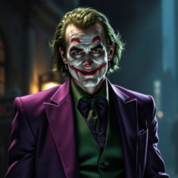 A realistic depiction of the Joker from 'The Dark Knight', wearing a purple suit and a green vest