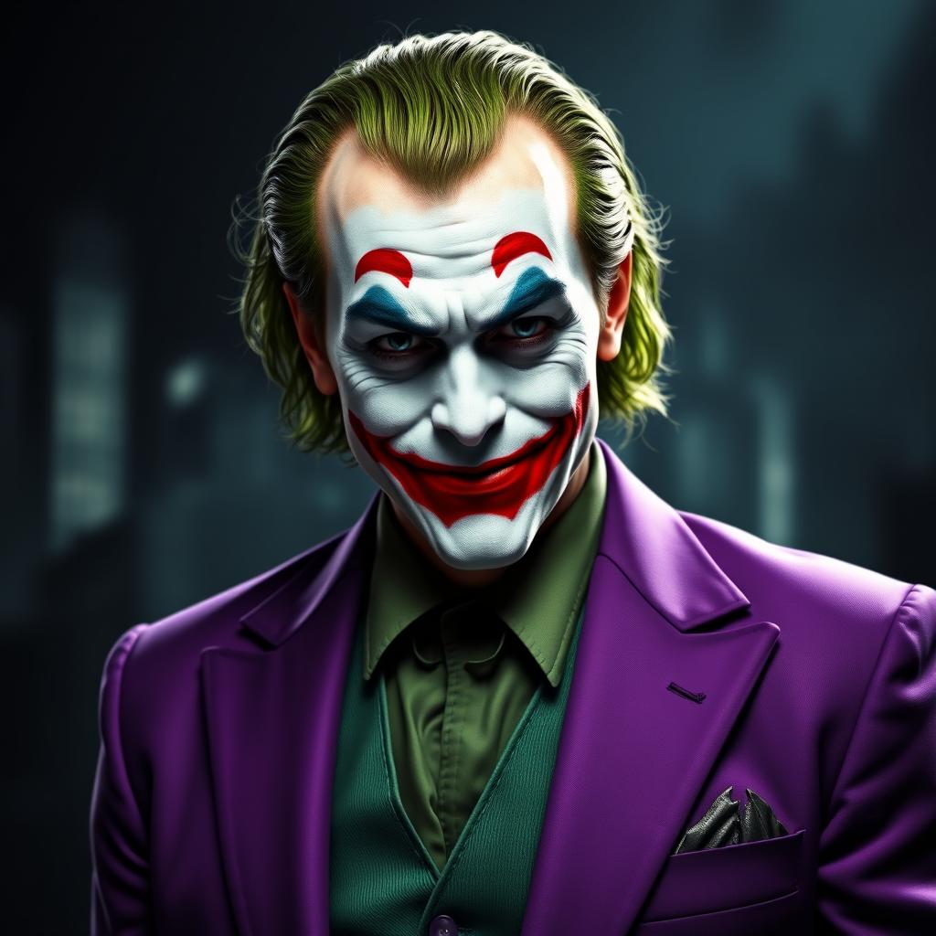 A realistic depiction of the Joker from 'The Dark Knight', wearing a purple suit and a green vest