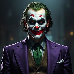A realistic depiction of the Joker from 'The Dark Knight', wearing a purple suit and a green vest