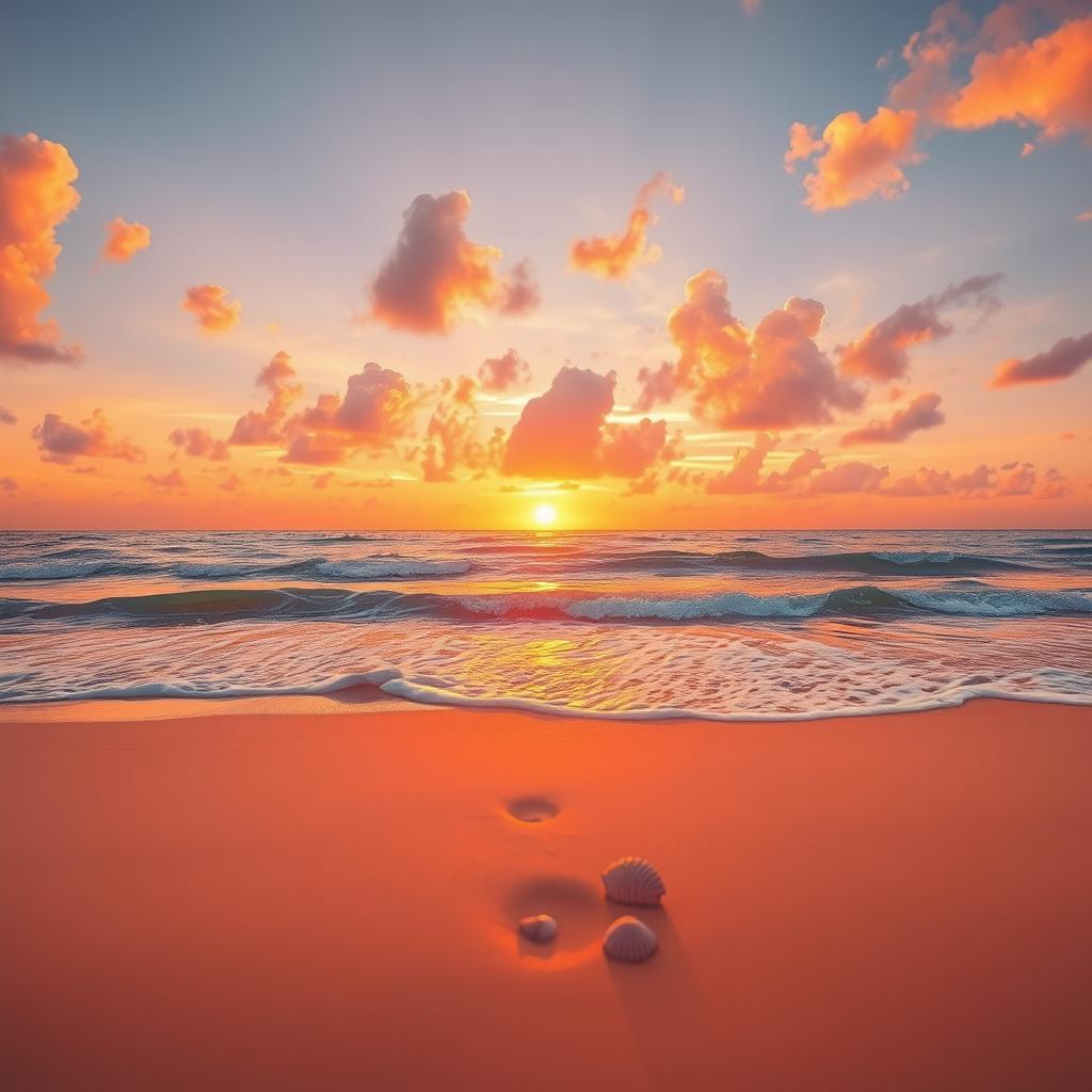 A beautiful, vibrant scene featuring a stunning sunset over a serene ocean, waves gently lapping on the shore