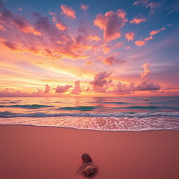 A beautiful, vibrant scene featuring a stunning sunset over a serene ocean, waves gently lapping on the shore