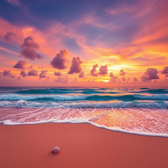 A beautiful, vibrant scene featuring a stunning sunset over a serene ocean, waves gently lapping on the shore