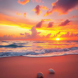 A beautiful, vibrant scene featuring a stunning sunset over a serene ocean, waves gently lapping on the shore