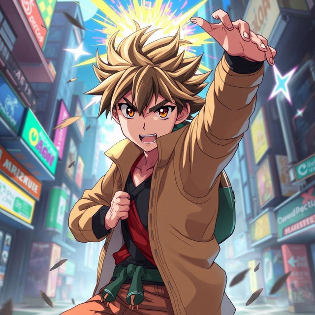 A vibrant and dynamic illustration featuring Okarun from the anime Dandadan, showcasing his distinct style and personality