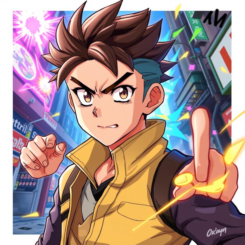 A vibrant and dynamic illustration featuring Okarun from the anime Dandadan, showcasing his distinct style and personality