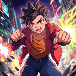 A vibrant and dynamic illustration featuring Okarun from the anime Dandadan, showcasing his distinct style and personality