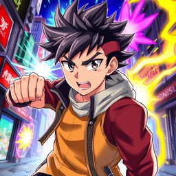 A vibrant and dynamic illustration featuring Okarun from the anime Dandadan, showcasing his distinct style and personality